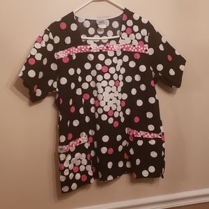 XL black, white & pink Polka-dot scrub top